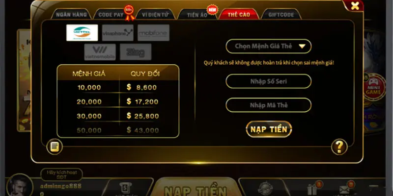 Hình thức nạp tiền Go88 tiện lợi bằng thẻ cào. Hình thức nạp tiền Go88 tiện lợi bằng thẻ cào.