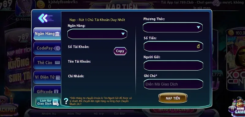 Nạp tiền dễ dàng với các hình thức linh hoạt và tham gia bắn cá 789Club ngay! Nạp tiền dễ dàng với các hình thức linh hoạt và tham gia bắn cá 789Club ngay!