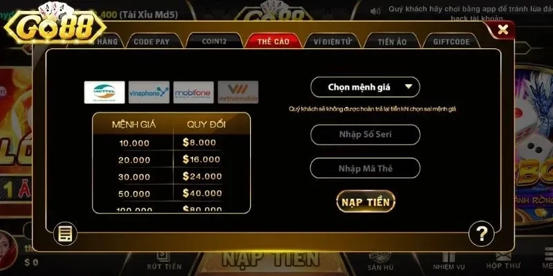 Nạp tiền Go88 bằng thẻ cào
