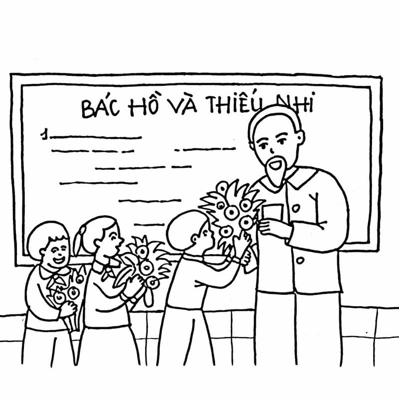 Tranh tô màu bác Hồ và các cháu thiếu nhi vui vẻ