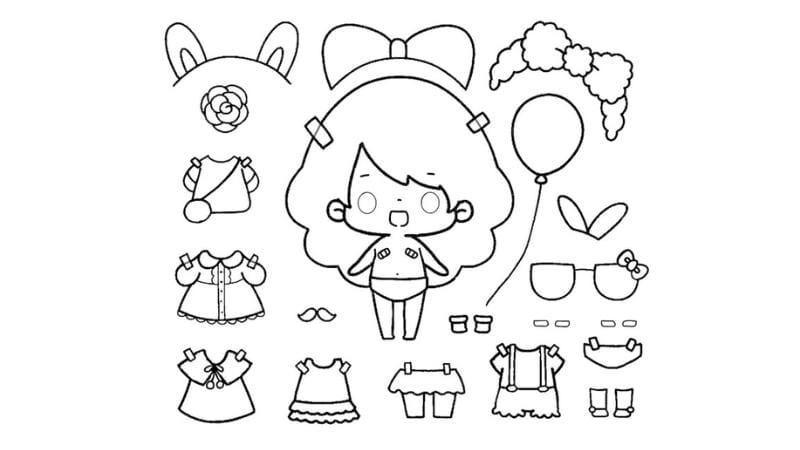 Tranh tô màu búp bê giấy Toca Boca không màu