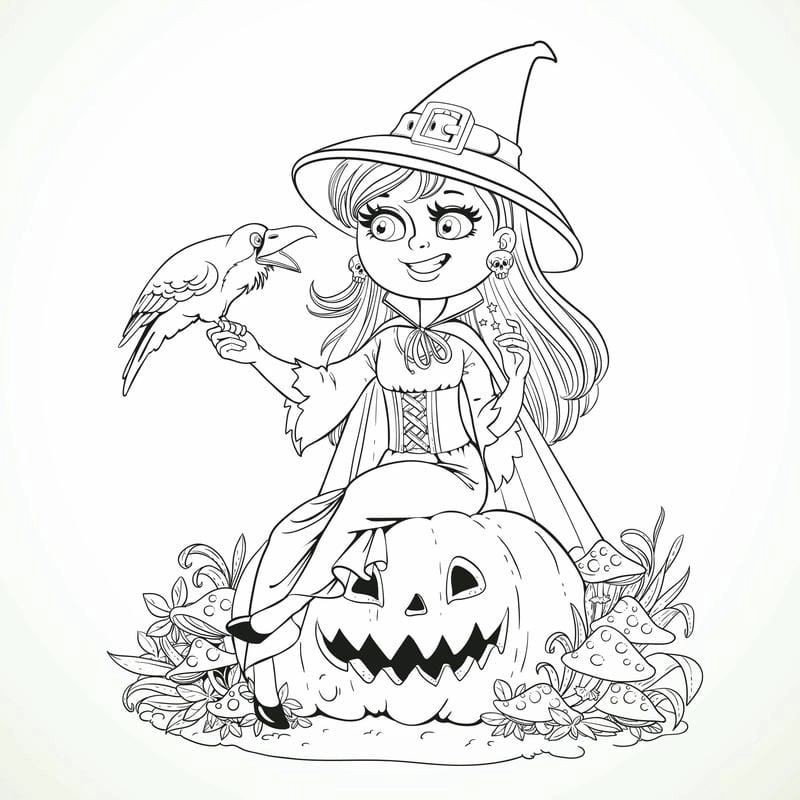Tô màu phù thủy Halloween huyền bí và đáng yêu