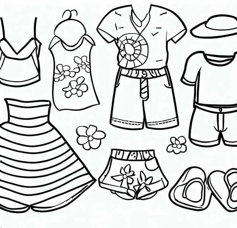 Tranh tô màu quần áo mùa hè đa dạng kiểu dáng cho bé
