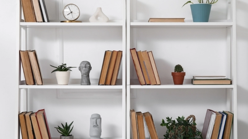 Tổ chức màn hình với hình nền kệ sách cho desktop