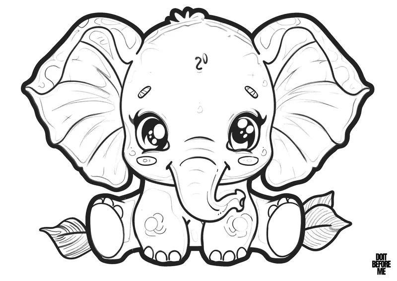 Tranh tô màu voi chibi và những bông hoa.