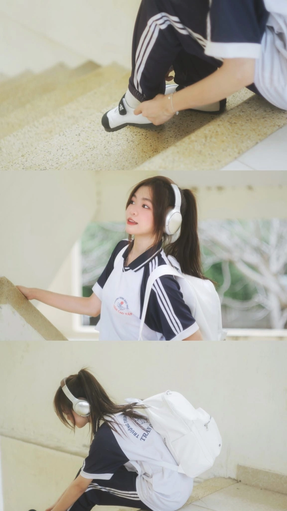 Cô gái đeo hoa tai ngọc trai và tai nghe sành điệu