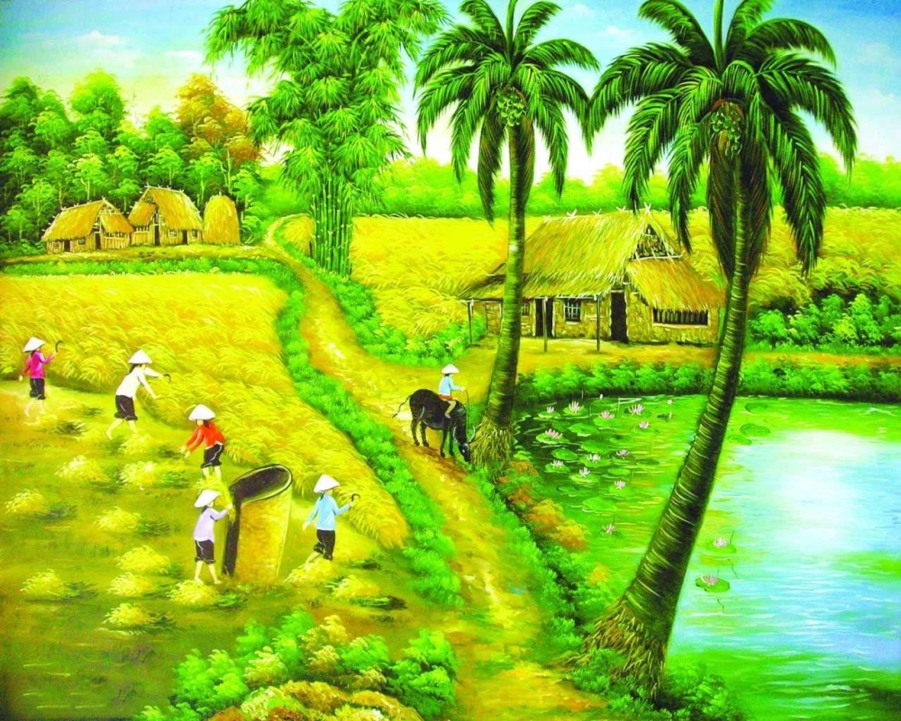 Tranh phong cảnh làng quê làng quê yên bình quyến rũ cuốn hút