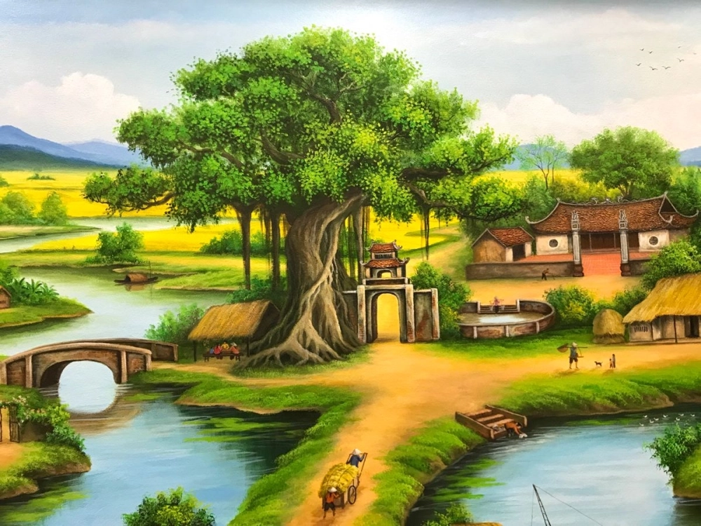 Tranh phong cảnh đồng lúa ruộng lúa chín vàng quyến rũ cuốn hút