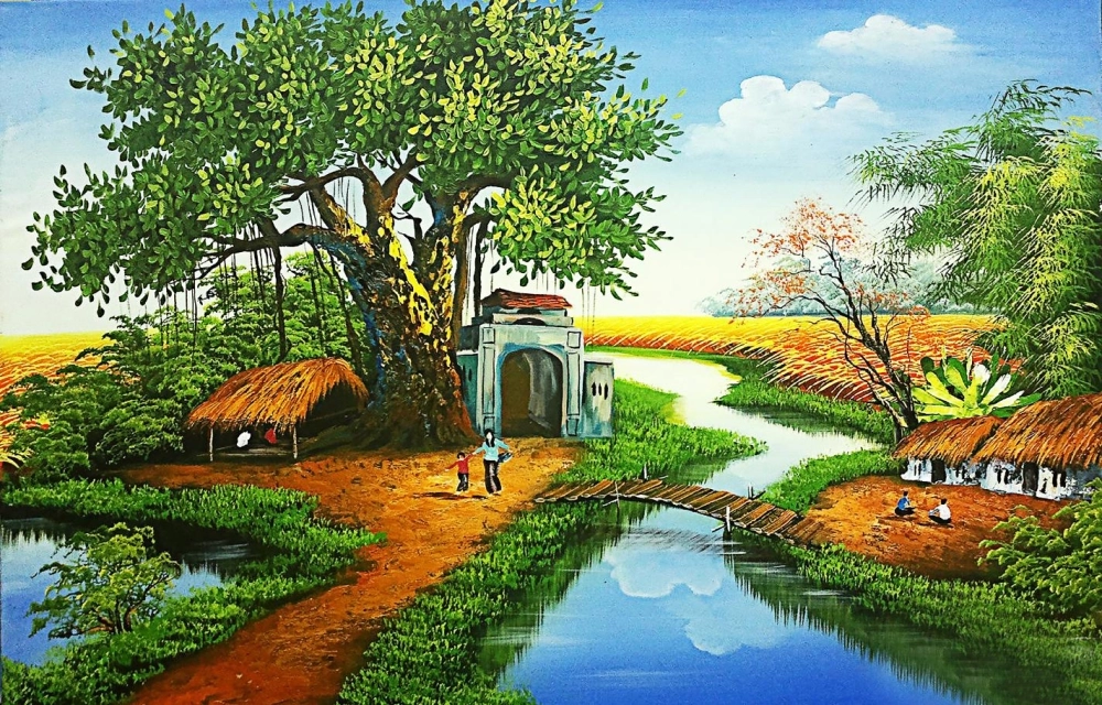 Tranh phong cảnh mùa lúa chín lúa chín vàng óng quyến rũ cuốn hút