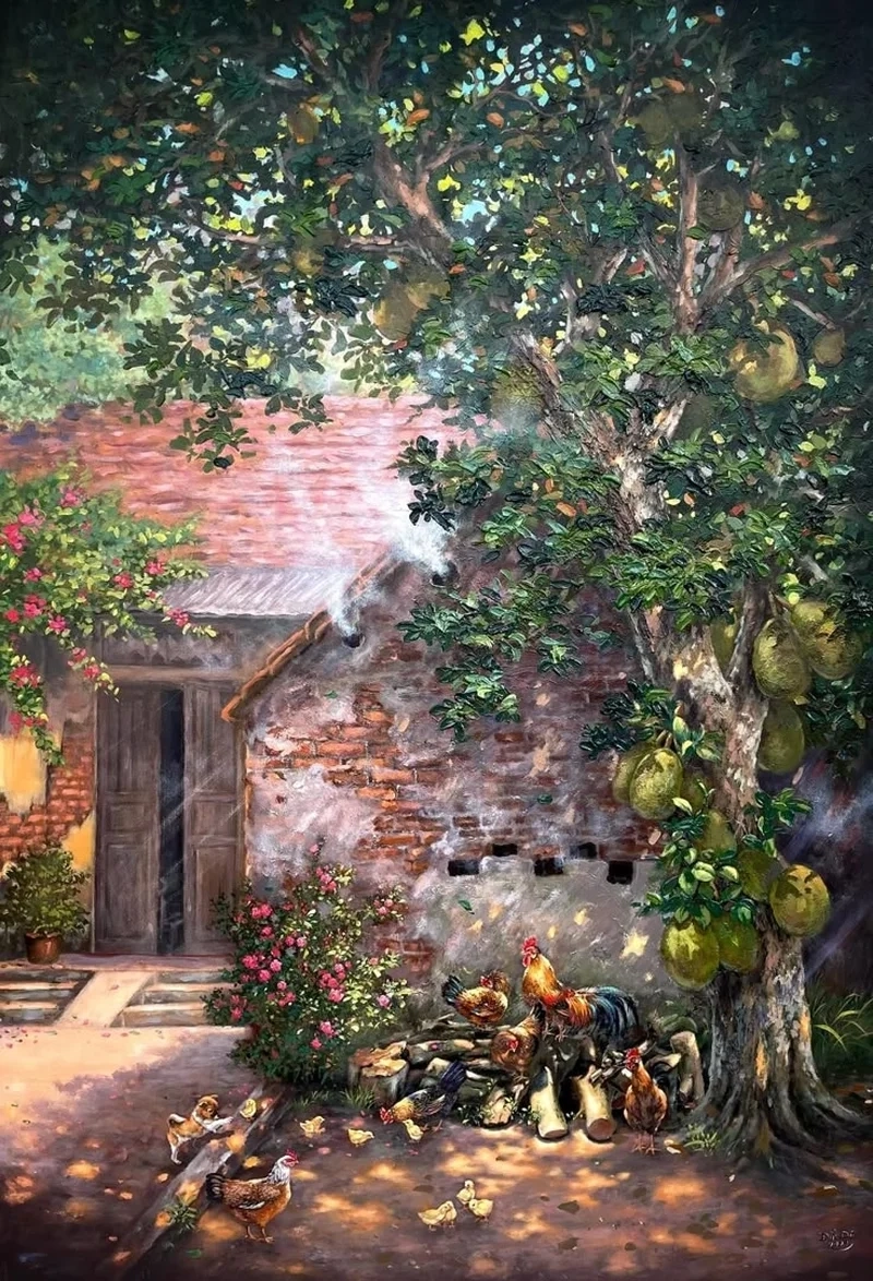 Tái hiện vẻ đẹp bình dị của làng quê Việt Nam qua việc vẽ tranh cảnh quê hương.