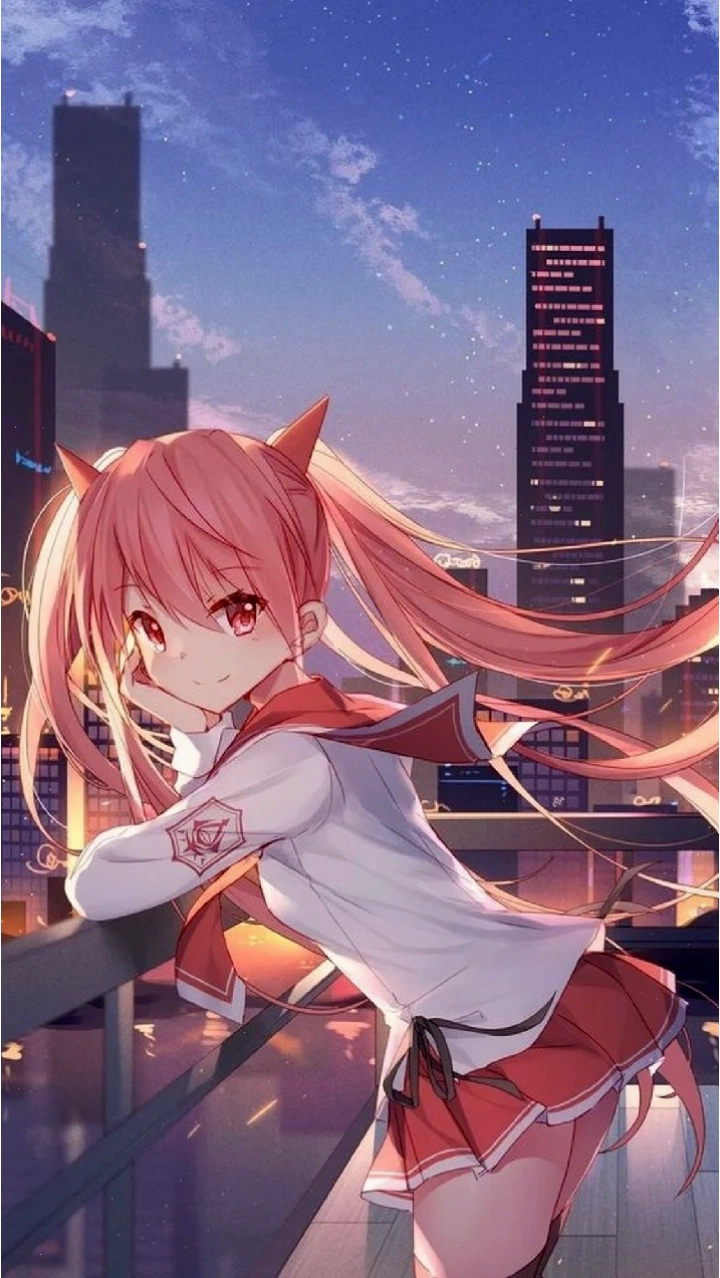 Ảnh anime girl dễ thương đang đứng ngắm nhìn thành phố về đêm