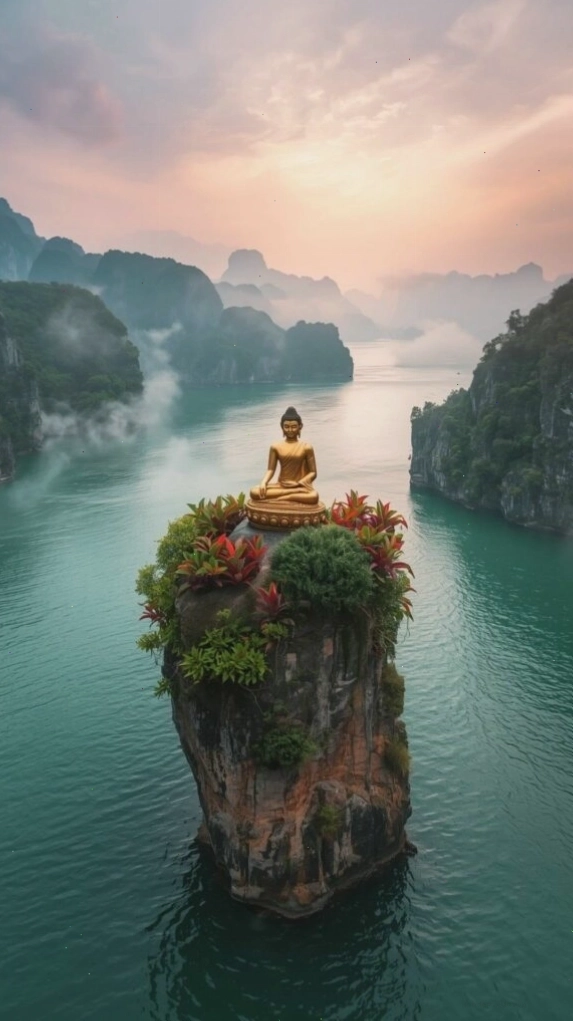 Ảnh nền màn hình máy tính 4k tượng Phật trên đảo đá