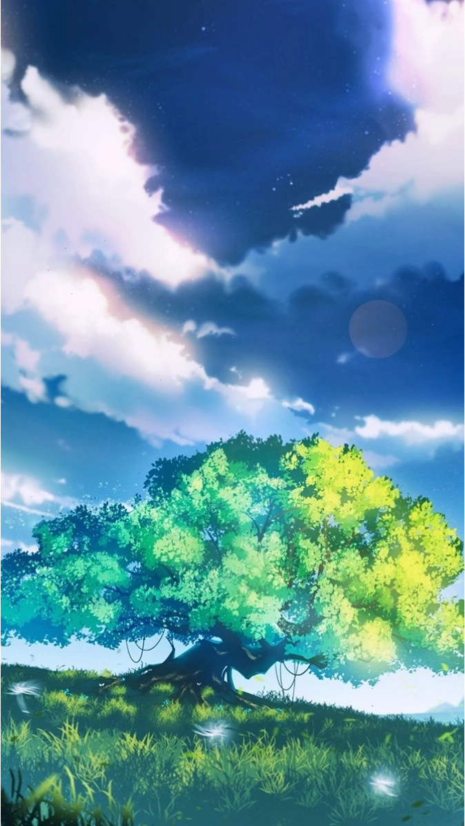 Ảnh phong cảnh anime núi non hùng vĩ dưới bầu trời xanh thẳm