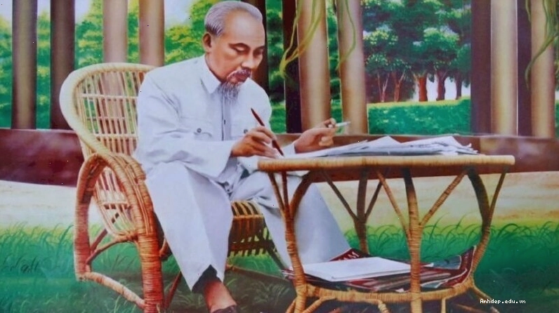 Ảnh vẽ Bác Hồ ngồi làm việc trong vườn