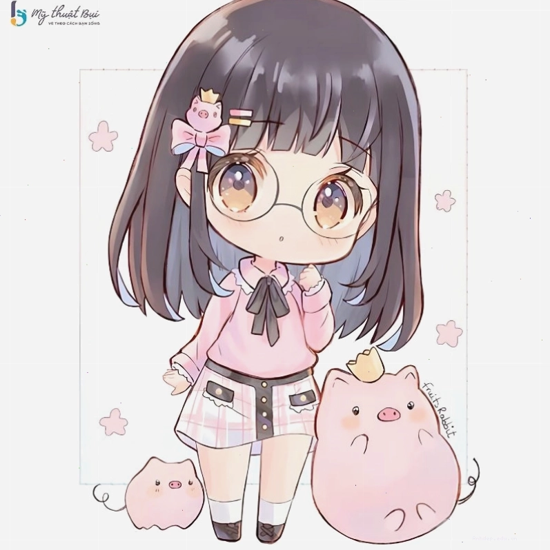Anime chibi nữ với mái tóc dài và trang phục dễ thương
