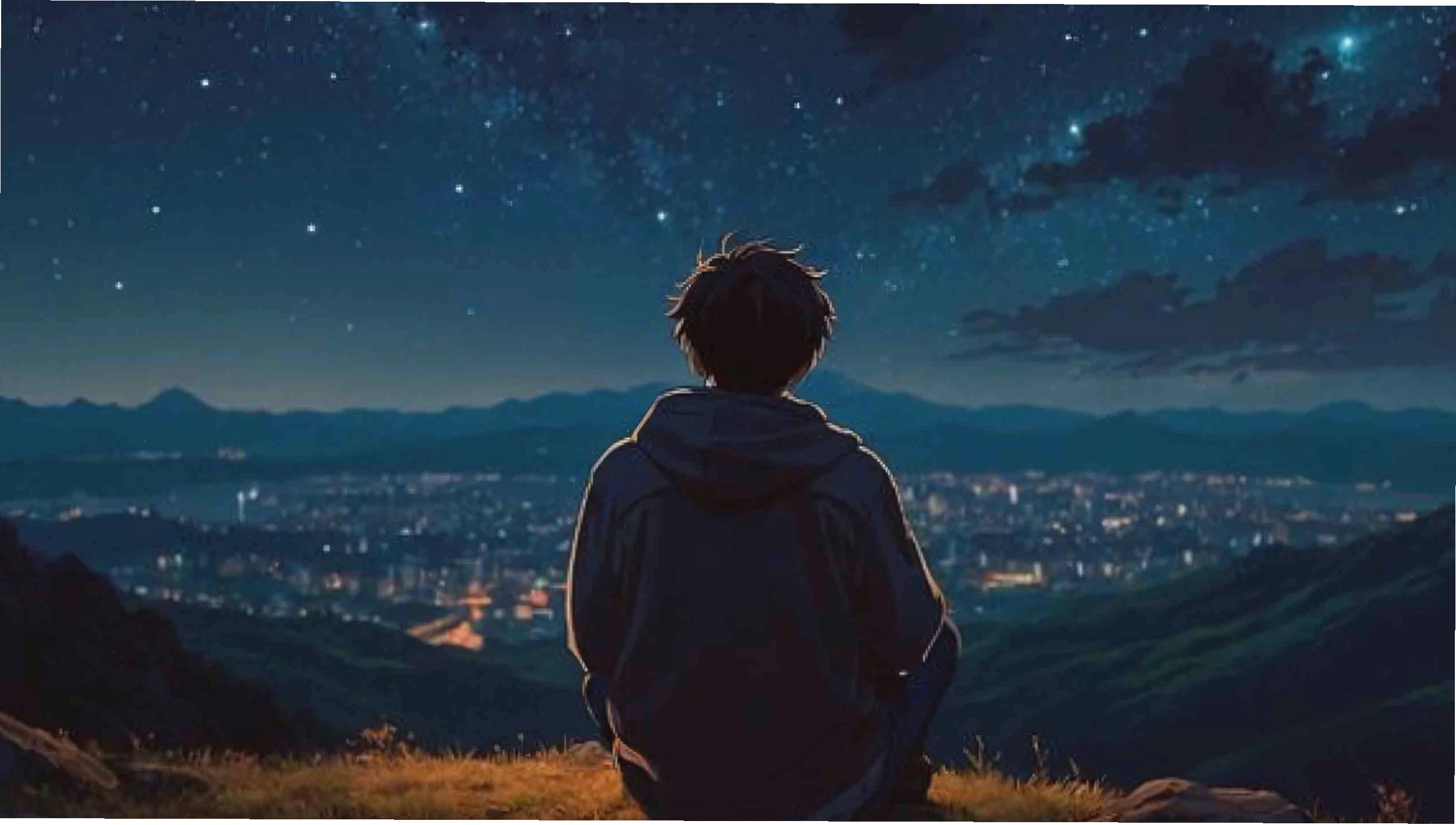Bầu trời đêm anime buồn với cảnh vật hoang vắng