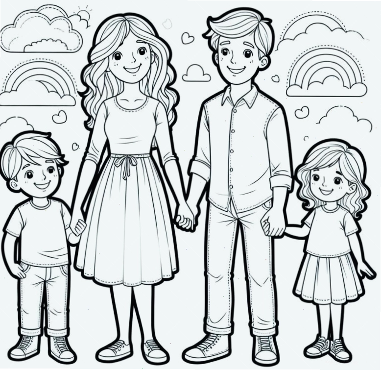 Bé chăm chú tô màu bức tranh gia đình với các thành viên vui vẻ