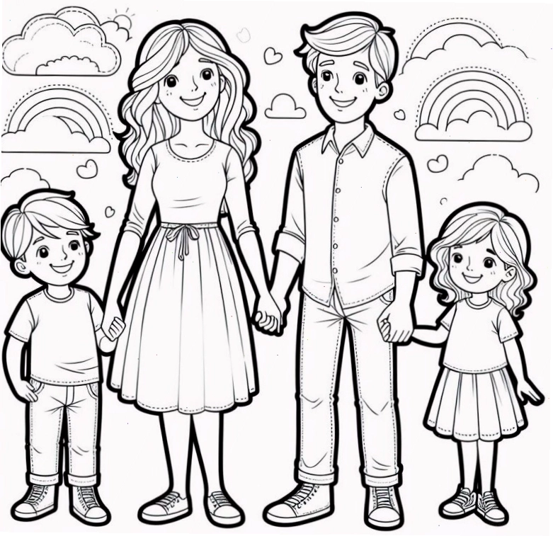Bé gái đang say sưa tô màu bức tranh gia đình