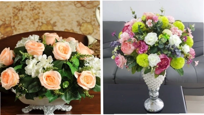 Bình hoa giả được cắm theo dáng mái vòm tròn đầy