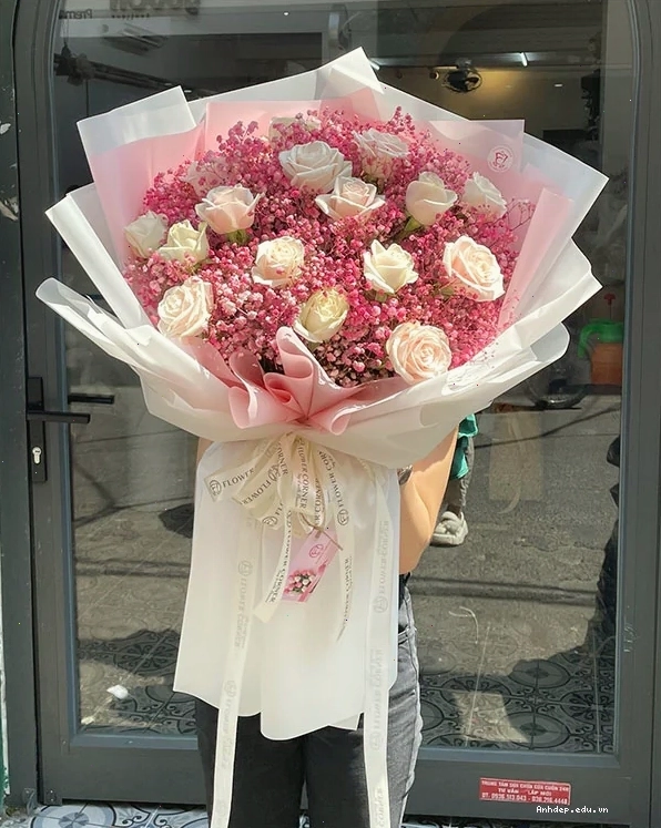 Bó hoa baby hồng mix hoa hồng Pink Moon