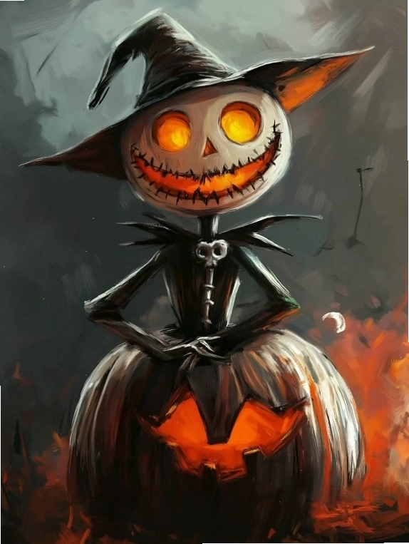 Bức tranh ma quái về một con bù nhìn với đầu bí ngô cho Halloween