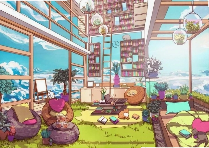 Cảnh thành phố anime với bầu trời hoàng hôn