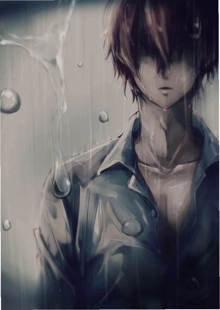 Chàng trai anime đứng một mình dưới mưa buồn bã