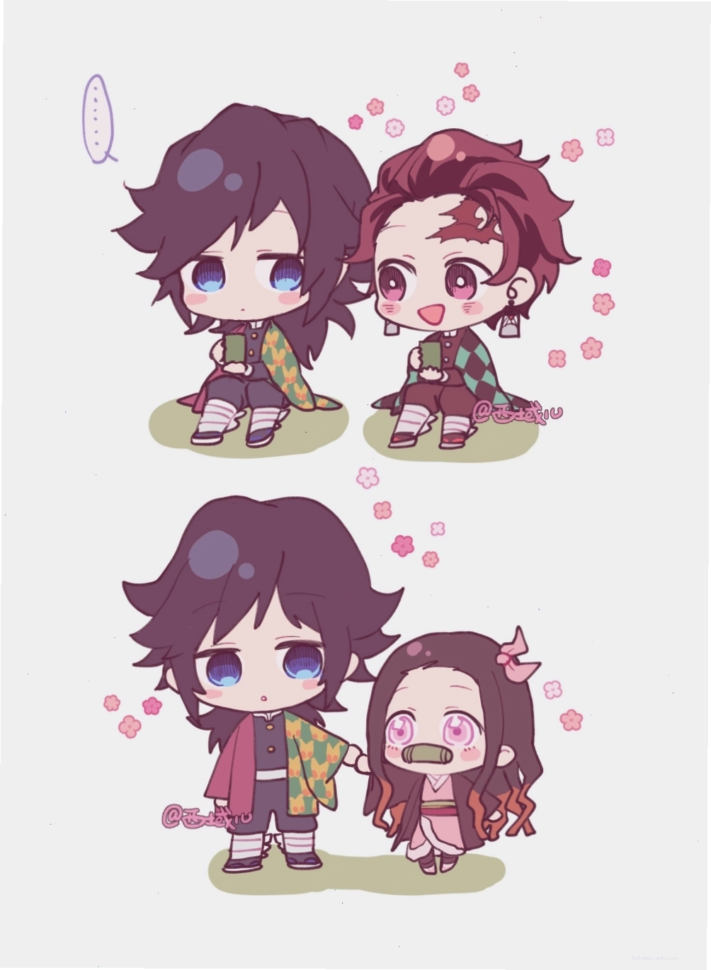 Chibi Giyuu Nezuko Tanjirou với nền dễ thương