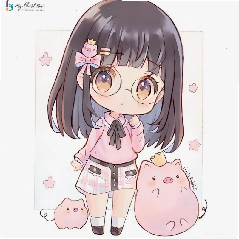 Chibi nữ anime với biểu cảm tinh nghịch và mái tóc xanh nổi bật