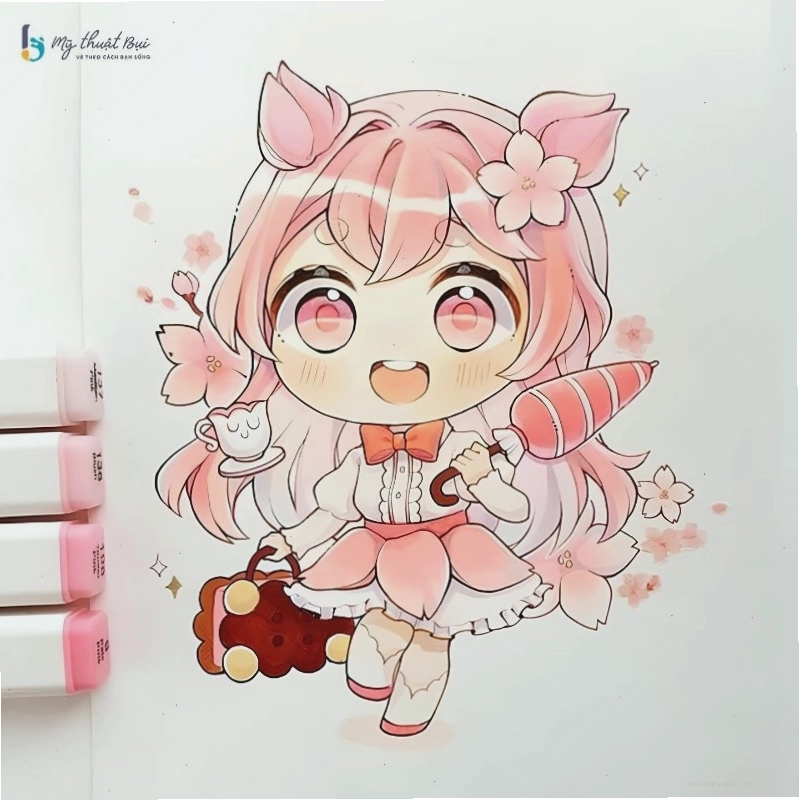Chú mèo chibi dễ thương đang chơi đùa với cuộn len