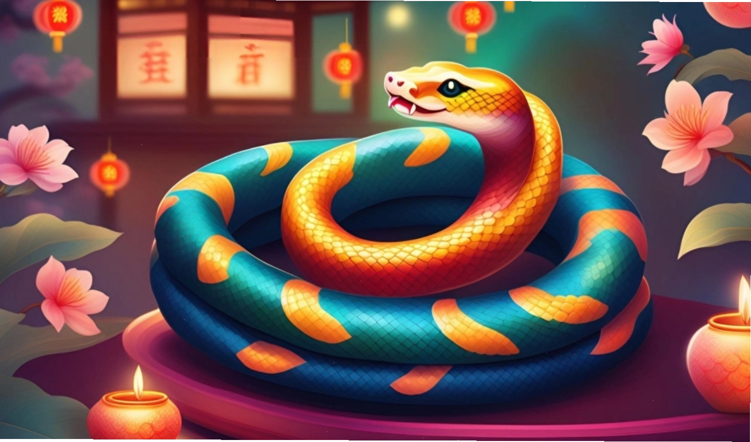 Chú rắn vàng dễ thương với biểu cảm vui tươi, biểu tượng cho năm mới