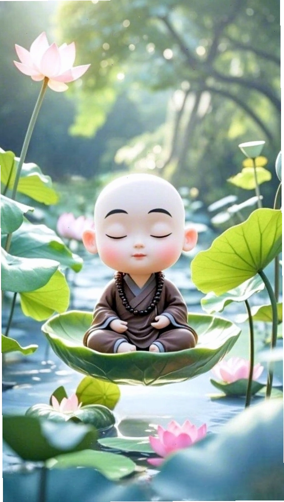 Chú tiểu ngồi thiền giữa đầm sen