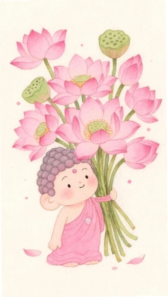 Chú tiểu ôm phúc, sen tươi thắm trên nền đen