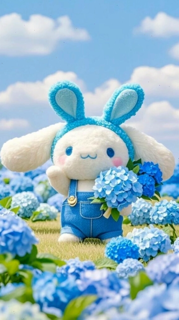 Cinnamoroll anime ôm hoa cẩm tú cầu giữa trời trong xanh