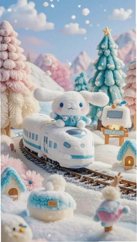 Cinnamoroll anime trên tàu tuyết với khung cảnh cổ tích