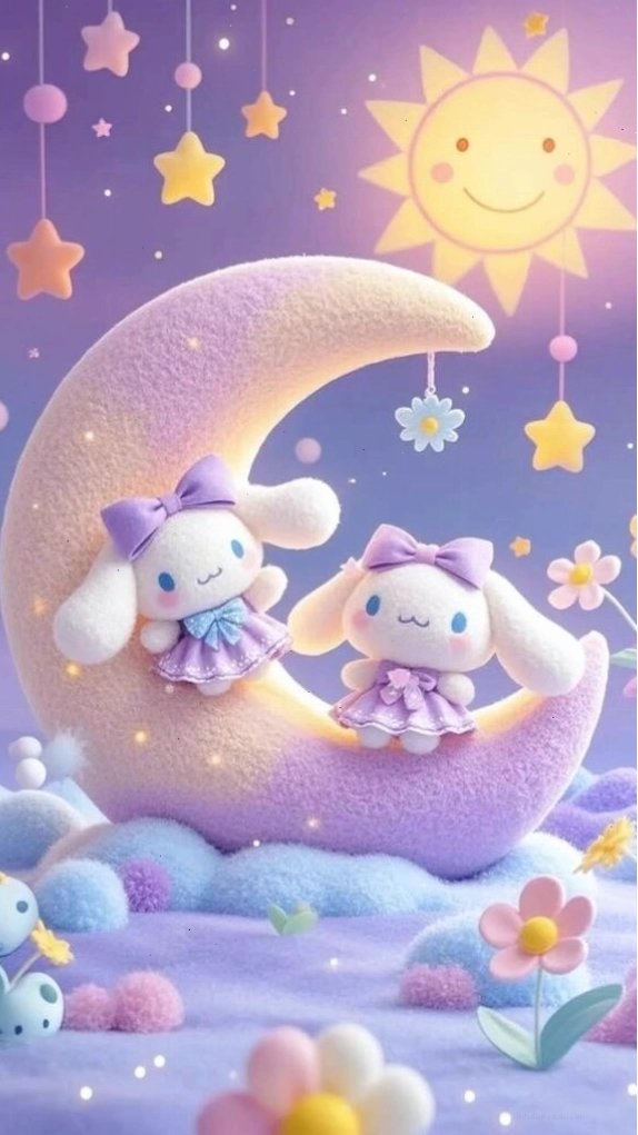 Cinnamoroll anime với bạn bè dưới bầu trời trăng sao pastel