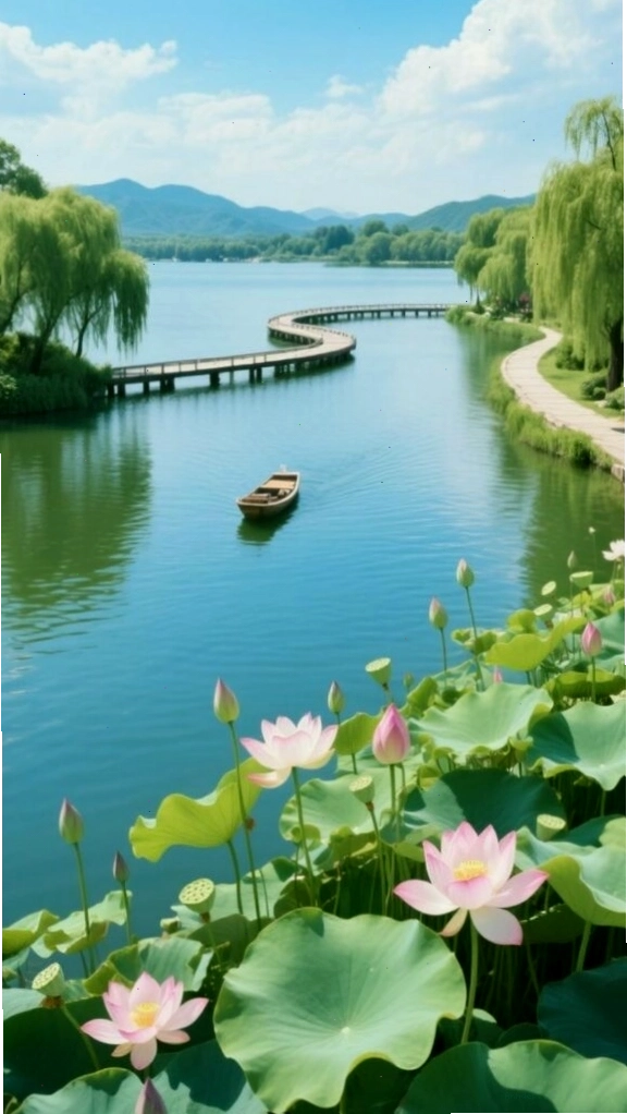 Con đường ven hồ yên bình giữa hàng cây xanh