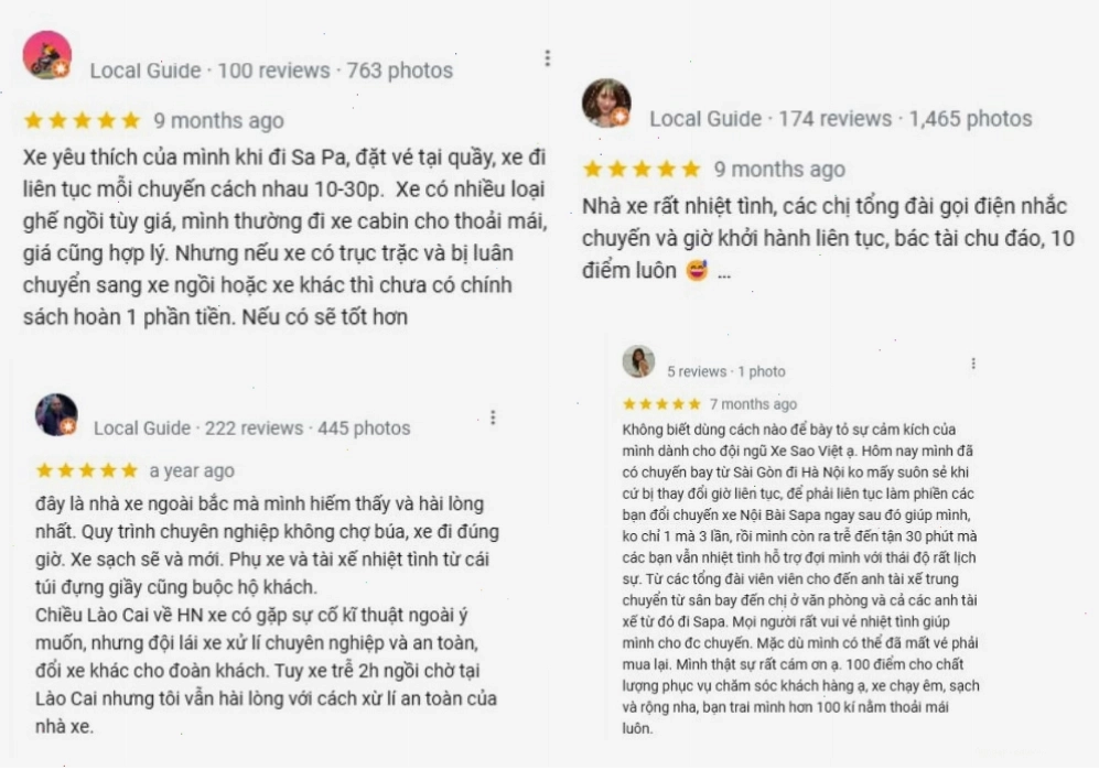 Đánh giá về nhà xe Sao Việt trên Google Map cho thấy sự hài lòng của khách hàng
