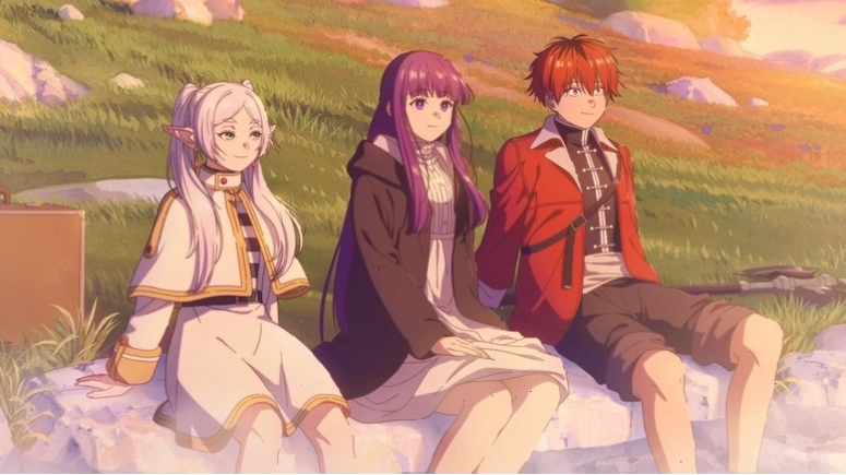 Frieren, Fren, and Stark sitting on a natural ledge in Frieren: Beyond Journey