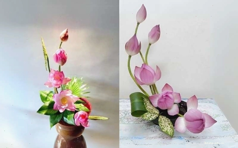 Hai mẫu hoa sen 5 bông được cắm theo hình cánh buồm ra khơi mới lạ.
