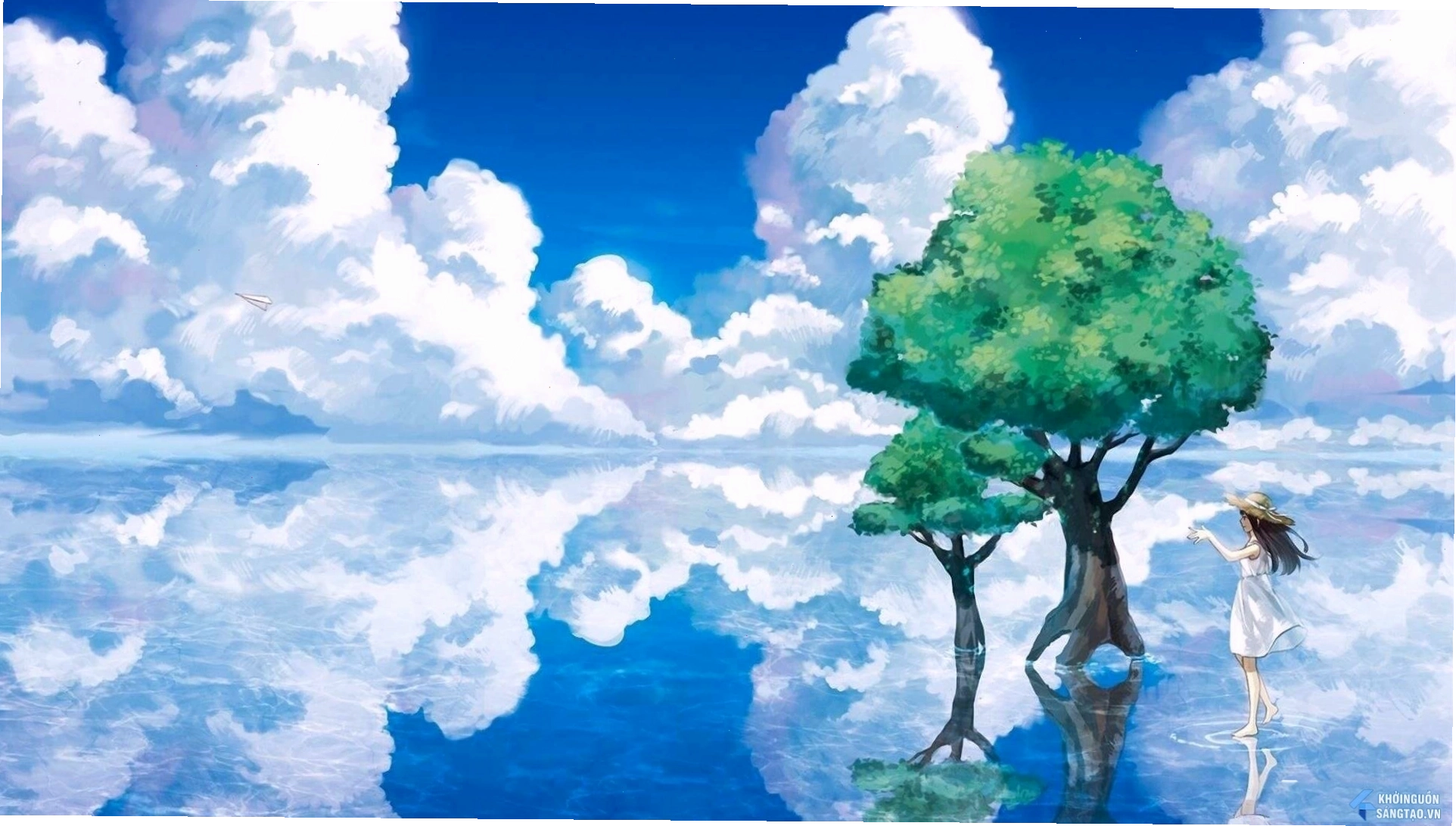Hình ảnh anime phong cảnh với cây cối và bầu trời