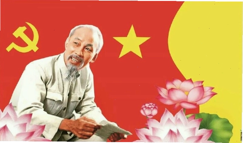 Hình ảnh Bác Hồ cười hiền từ trên nền cờ đỏ sao vàng