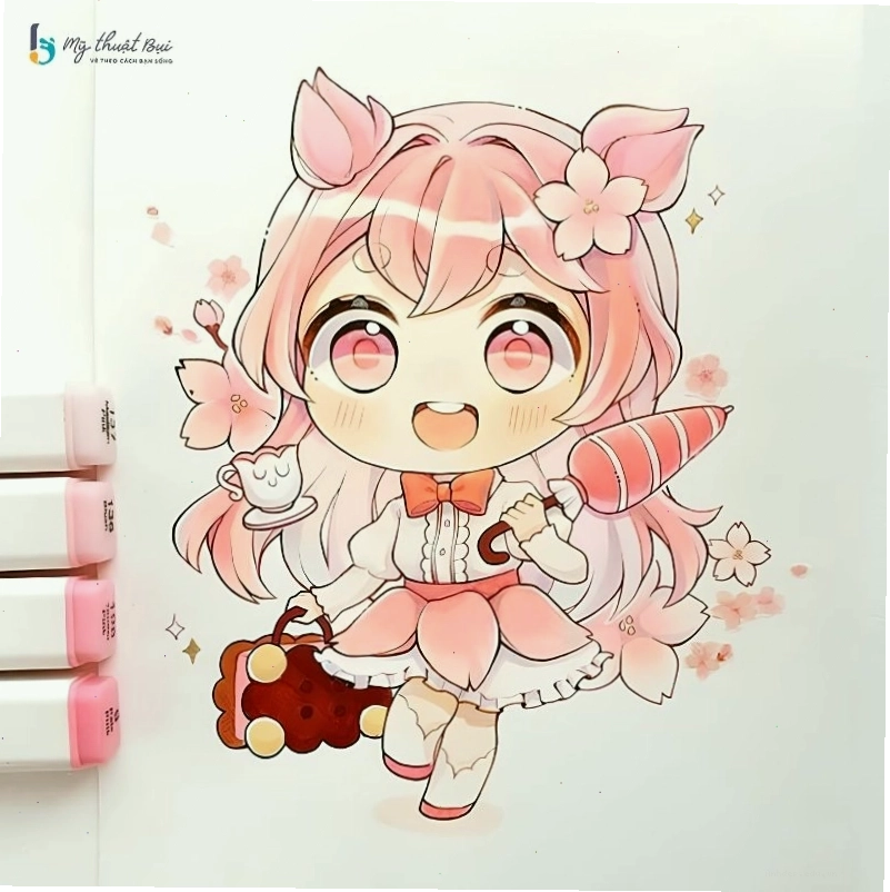 Hình ảnh chibi nữ đang chơi đùa cùng thú cưng