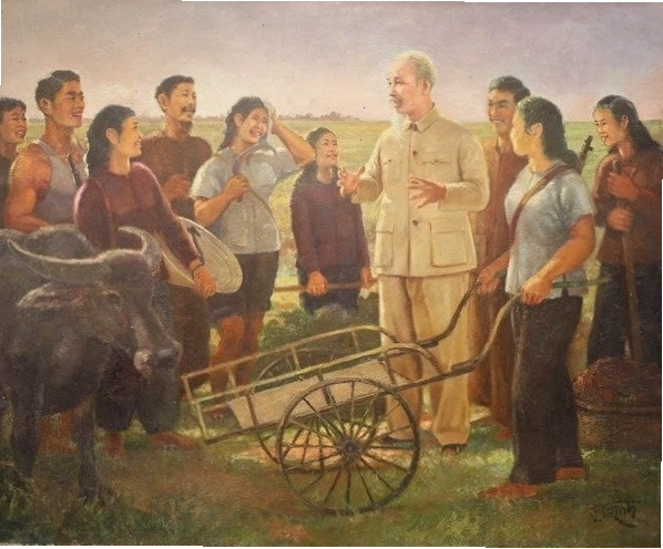 Hình ảnh tranh vẽ Bác Hồ trò chuyện với nông dân