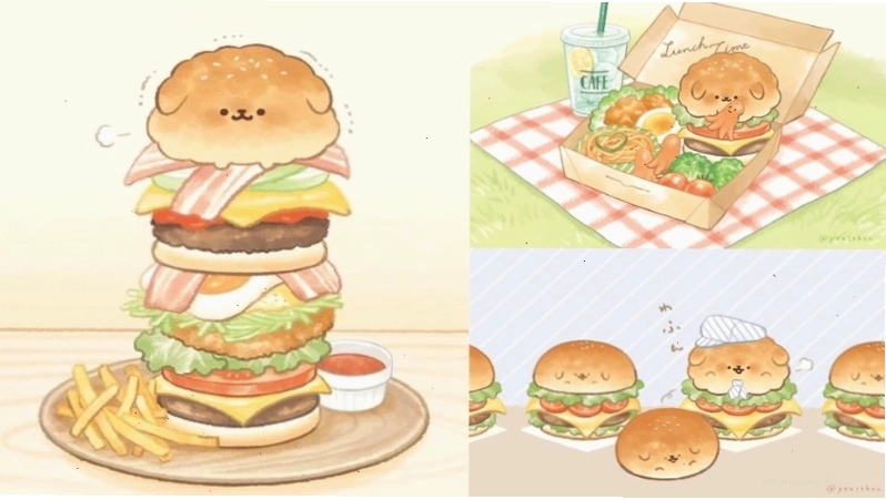 Hình chibi chú cún hamburger đáng yêu, ngộ nghĩnh