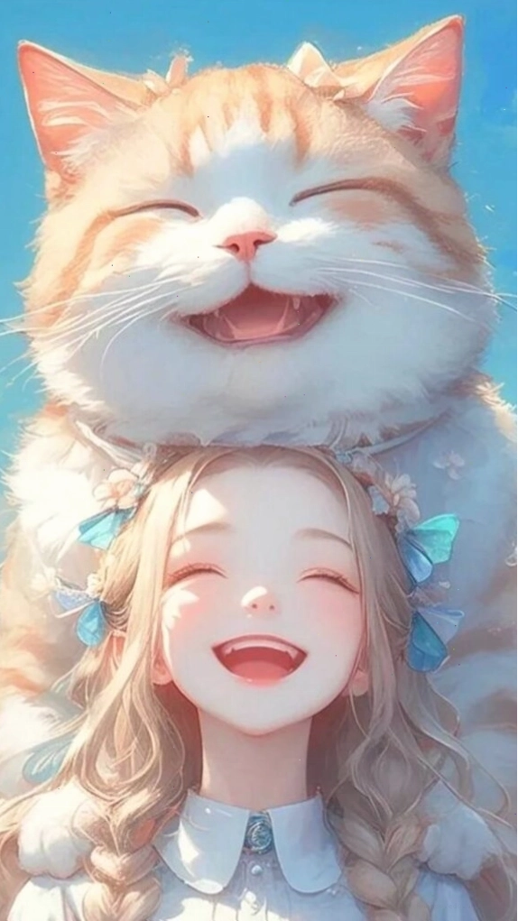 Hình nền cô gái đội mèo cam cười tươi, thể hiện sự vui vẻ và ngộ nghĩnh