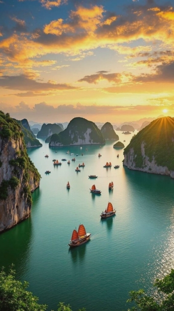 Hình nền hiện đại với hoàng hôn rực sáng trên vịnh biển và núi đá