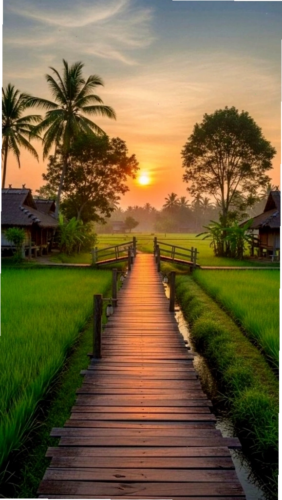 Hình nền hiện đại với lối gỗ nhỏ giữa cánh đồng xanh dưới ánh hoàng hôn