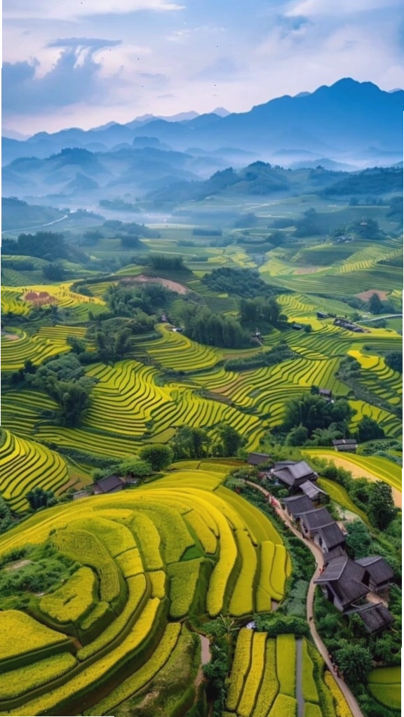 Hình nền hiện đại với ruộng bậc thang xanh mướt dưới ánh nắng
