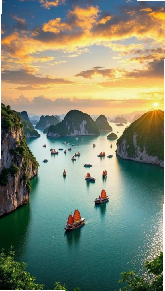 Hình nền máy tính 4k hoàng hôn rực sáng trên vịnh biển và núi đá